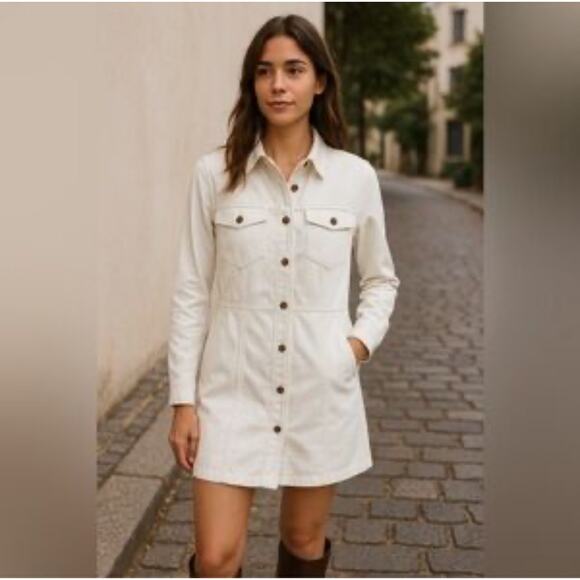 Frye White Denim Button Front Shirt Dress Tunic Large Long Sleeve Utility Style - Picture 1 of 5